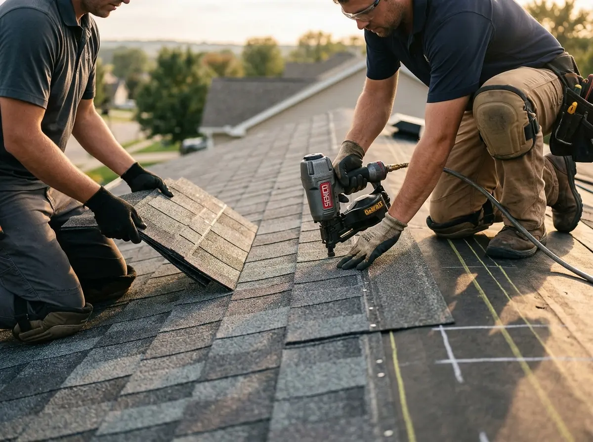 Professional roofer working on a residential roof in Hebron